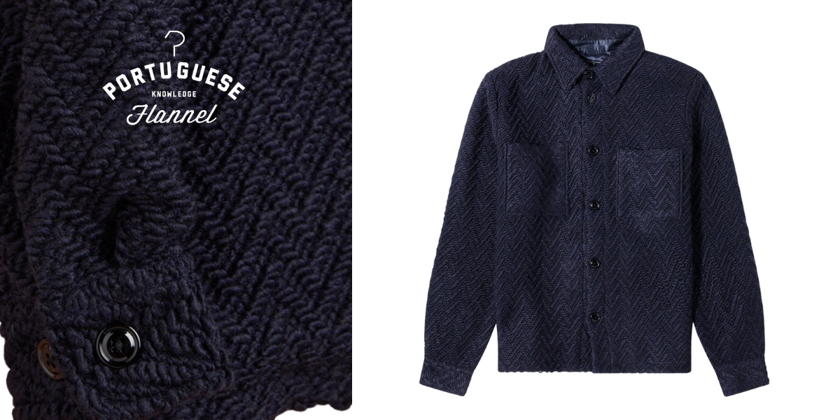 Portuguese Flannel Knitted Herringbone Overshirt in Navy, hergestellt von Handwerksmeistern in den alten Städten Nordportugals