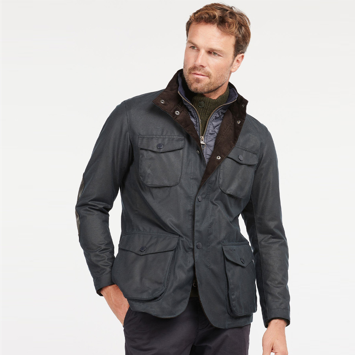 Barbour Ogston Wax Jacket Navy, Stilvolle Outdoor-Jacke aus robuster, gewachster Baumwolle.