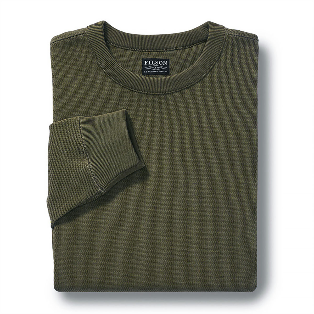 Filson Waffle Knit Thermal Crew Mossy Rock, ein idealer Baselayer für kalte Wetterbedingungen