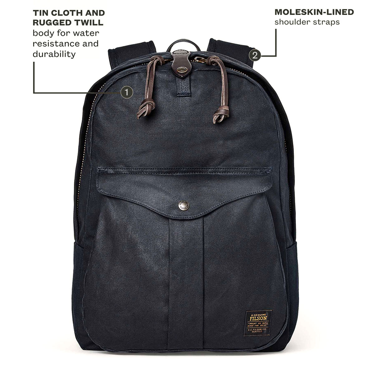 Filson Journeyman Backpack Navy, hergestellt aus Tin Cloth und Rugged Twill Canvas für Wasserdichtigkeit und Haltbarkeit