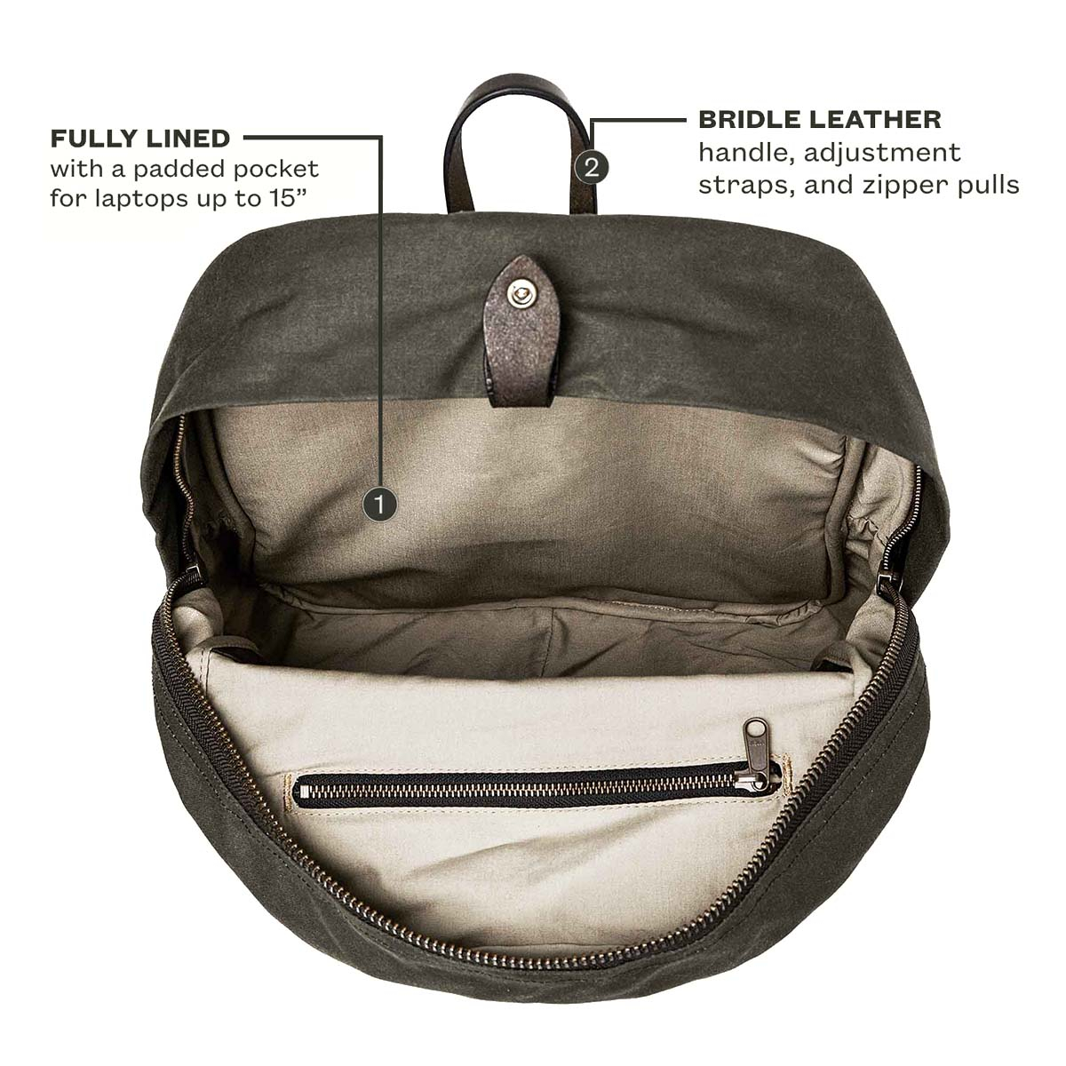 Filson Journeyman Backpack Otter Green, vollständig gefüttert mit geschütztem Fach für den Laptop