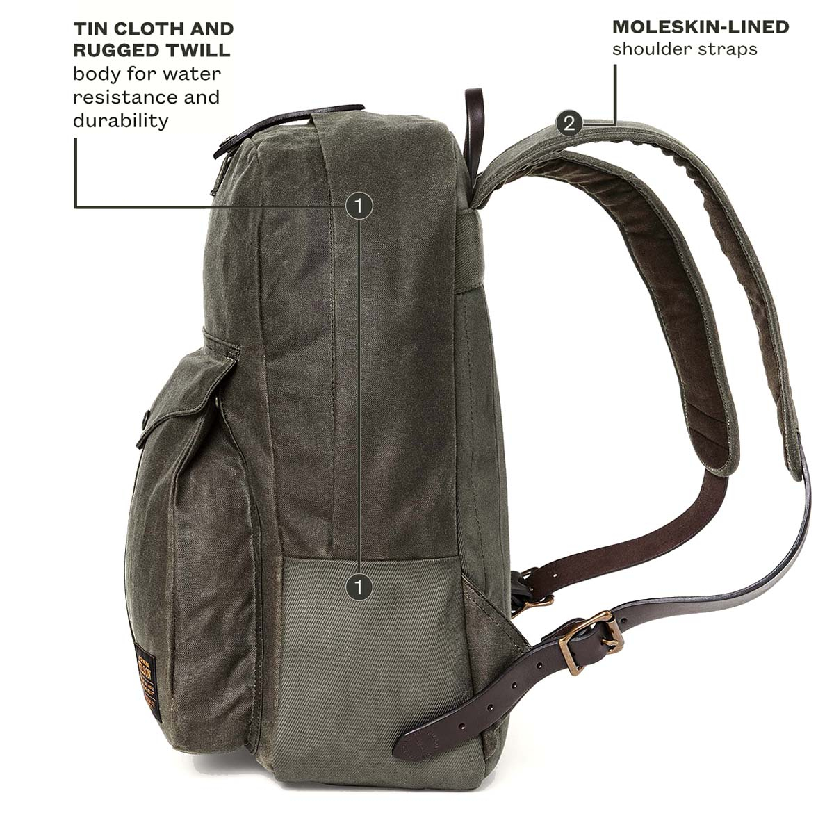 Filson Journeyman Backpack Otter Green, hergestellt aus Tin Cloth und Rugged Twill Canvas für Wasserdichtigkeit und Langlebigkeit