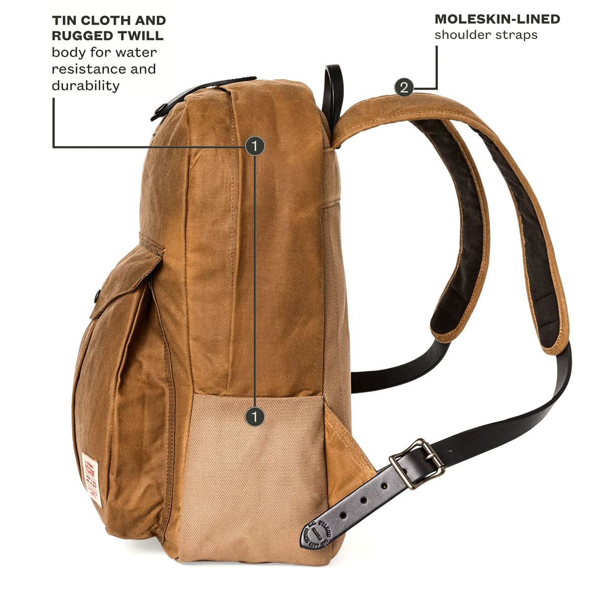 Filson Journeyman Backpack Tan, hergestellt aus Tin Cloth und Rugged Twill Canvas für Wasserdichtigkeit und Haltbarkeit