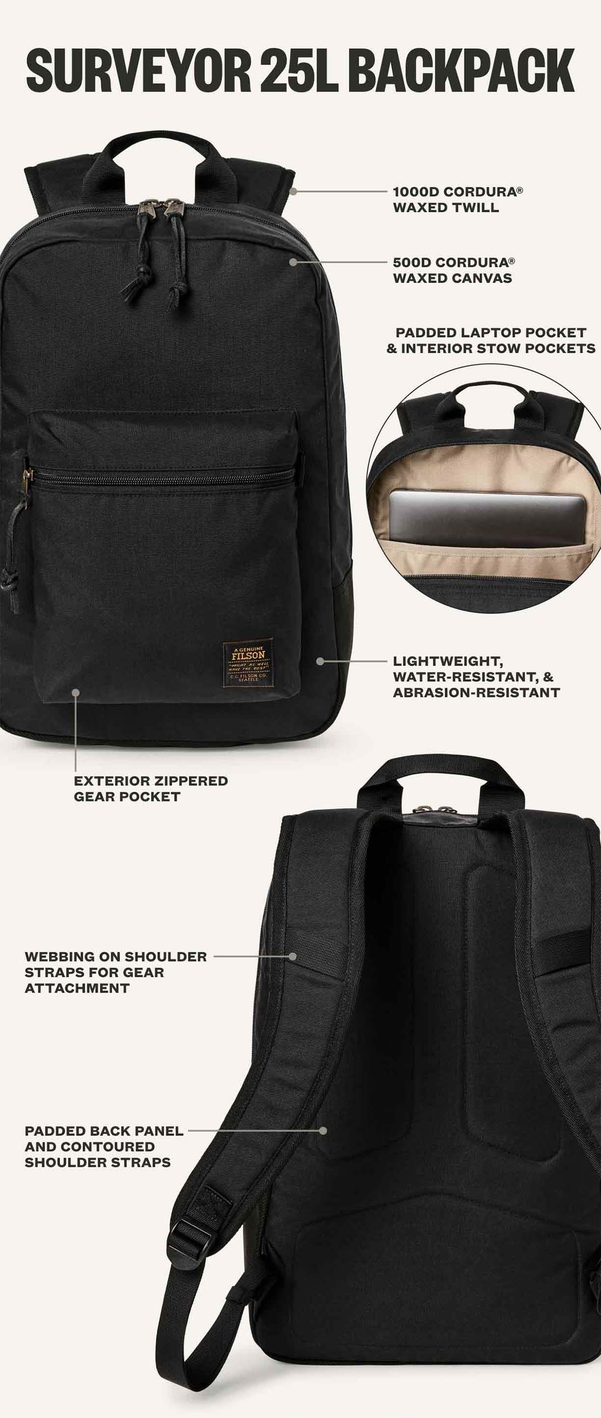 Filson Surveyor 25L Backpack Black, mit gepolstertem Laptop-Fach