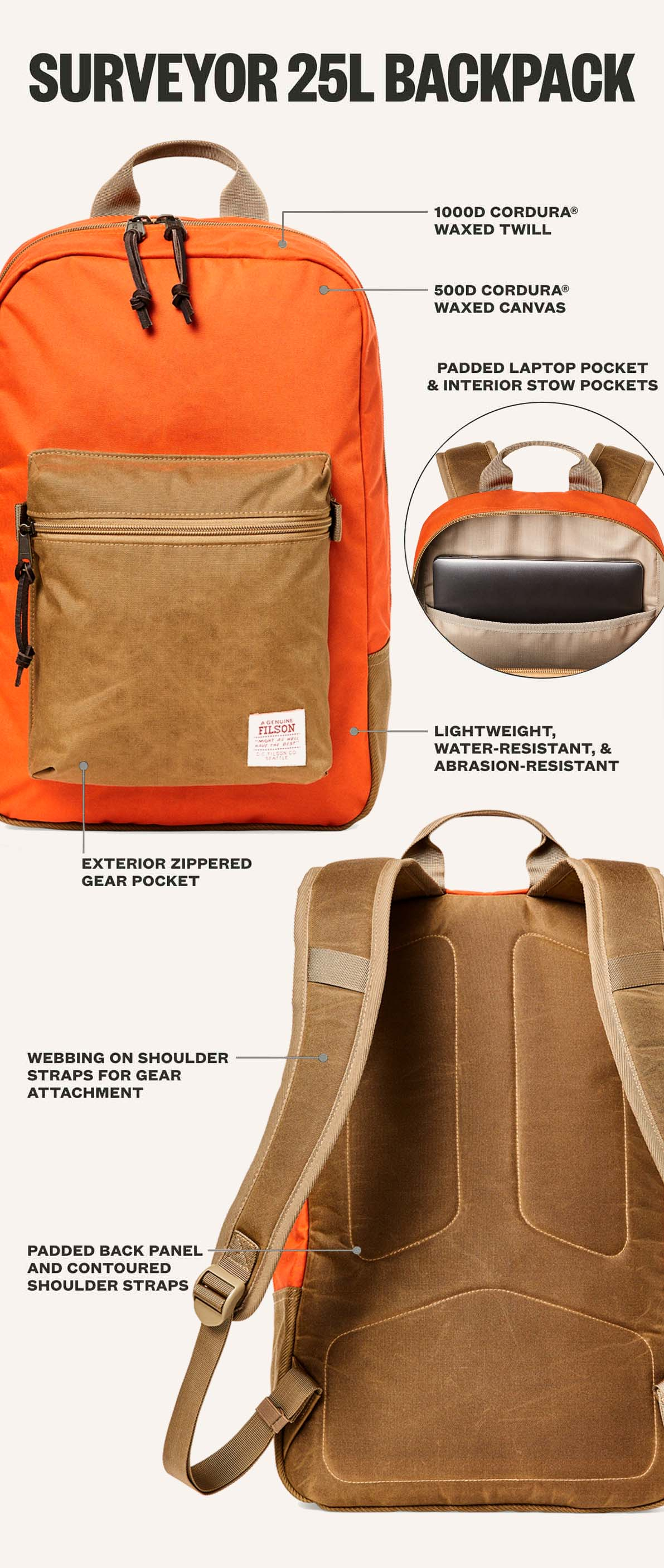 Filson Surveyor 25L Backpack Dark Tan/Flame, erklärt