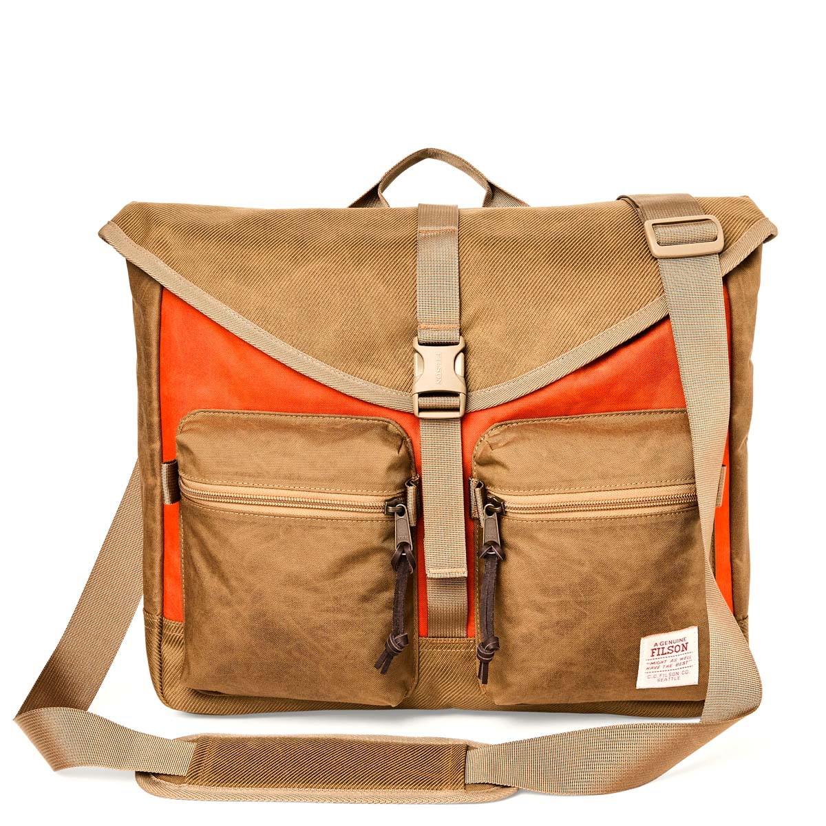 Filson Surveyor Messenger Bag Dark Tan/Flame, strapazierfähige und vielseitige Umhängetasche, die auch starker Beanspruchung standhält