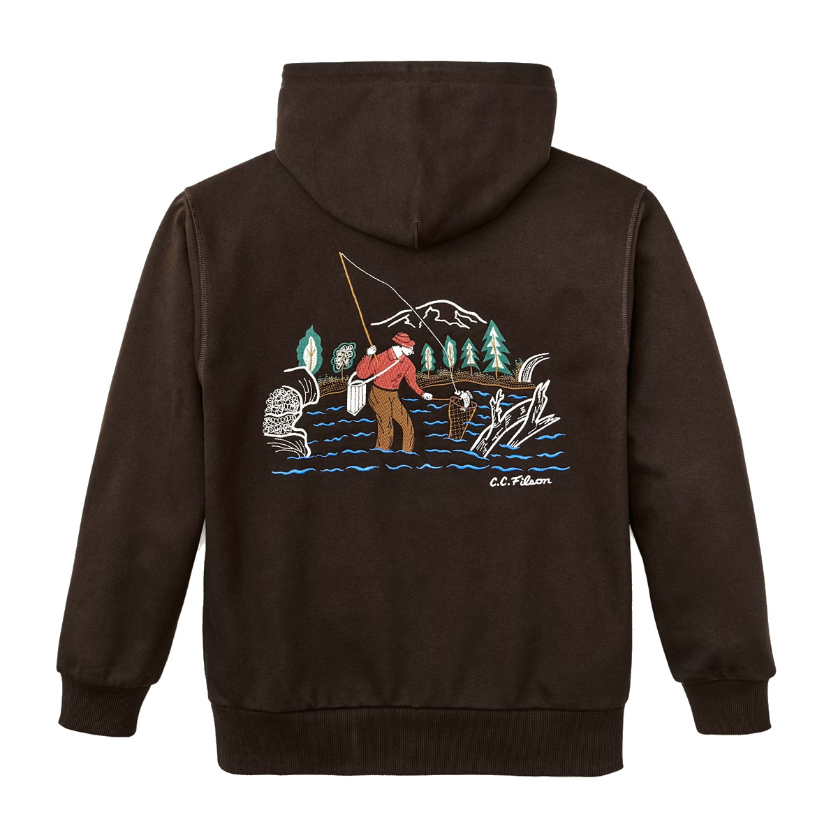 Filson Prospector Embroidered Hoodie Dark Brown/Fishing, warm pullover that makes brisk days and cool evenings your favorite kind of weather