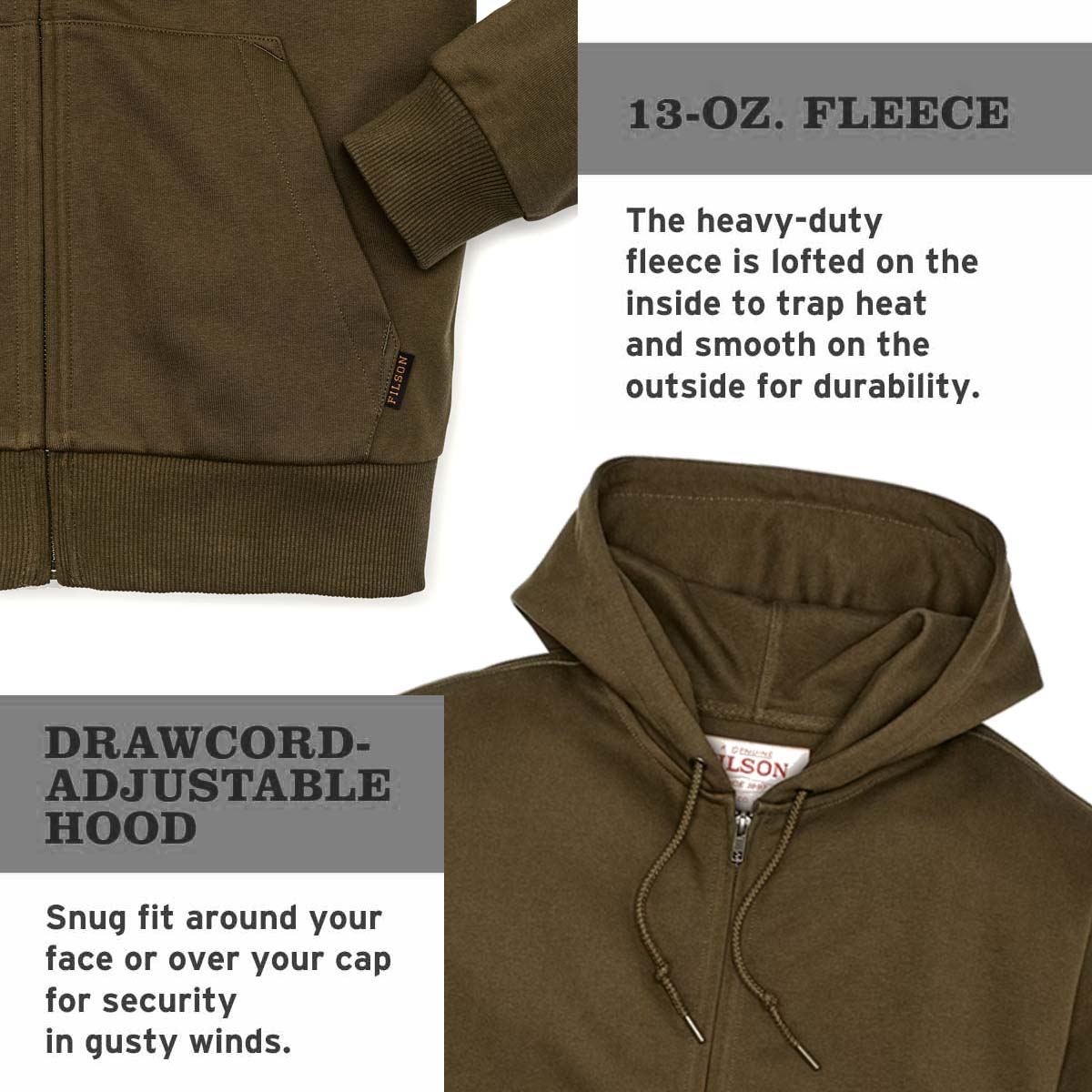 Filson Prospector Full Zip Hoodie Dark Olive, aus robustem 13-oz.-Fleece