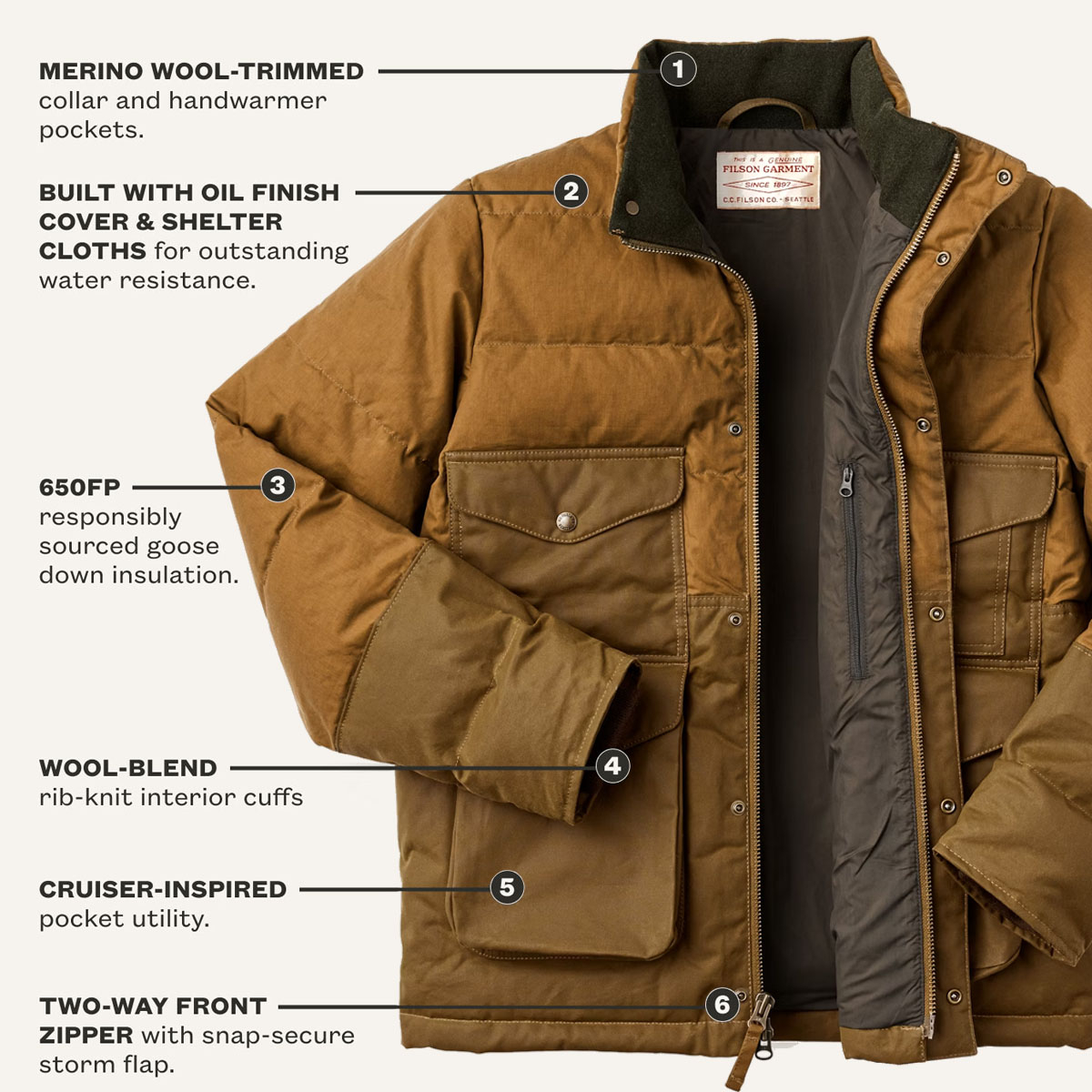 Filson Down Cruiser Jacket Dark Tan, features