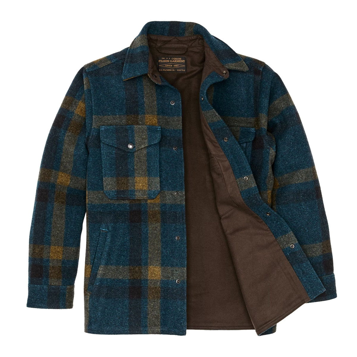 Filson Lined Mackinaw Wool Jac-Shirt Teal/Ochre Plaid, zuverlässige Druckknöpfe auf der Vorderseite, Brusttaschenklappen und verstellbare Ärmelbündchen sorgen dafür, dass das Jac-Shirt auch mit Handschuhen leicht zu bedienen ist