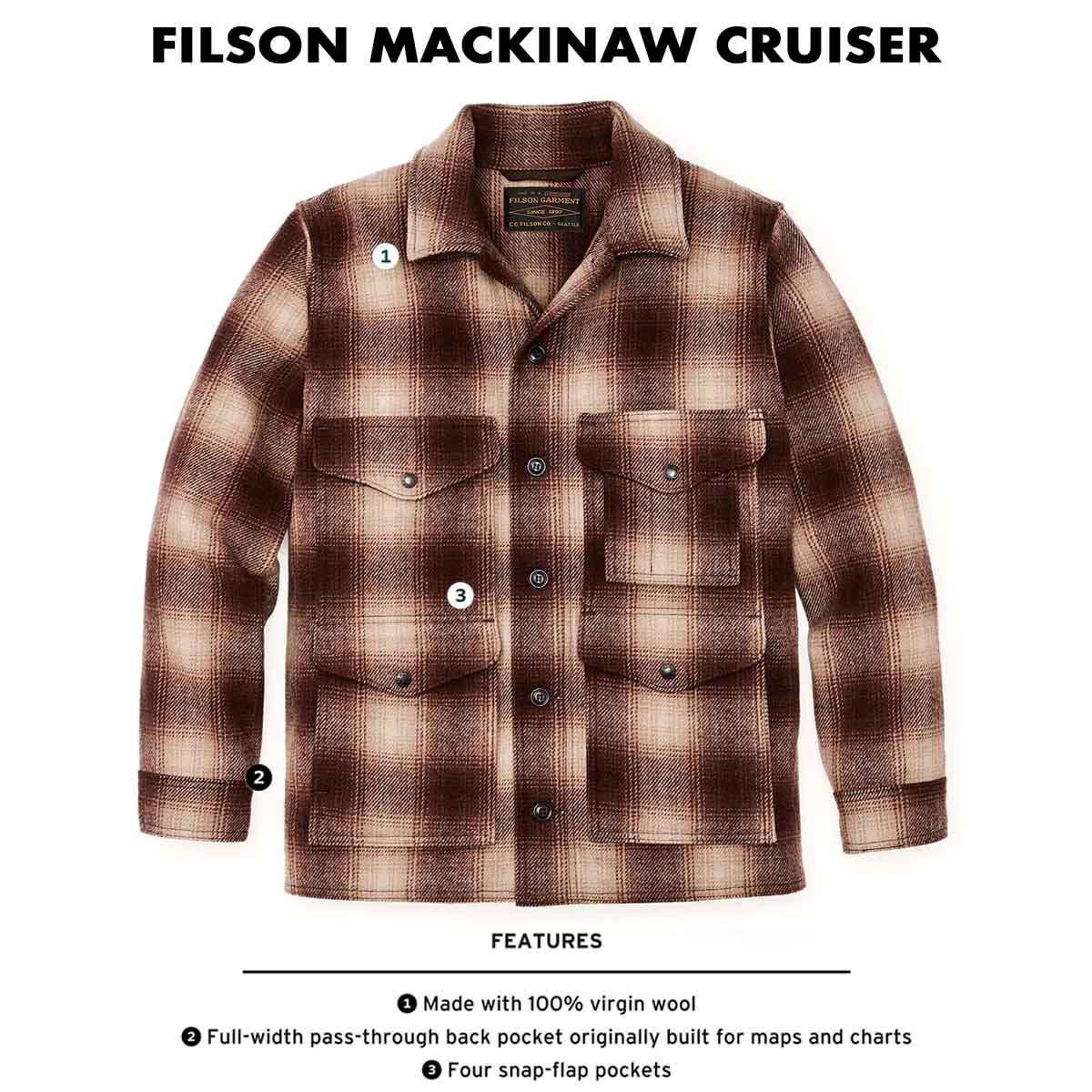 Filson Mackinaw Cruiser Wool Brown/Tan Ombre, features