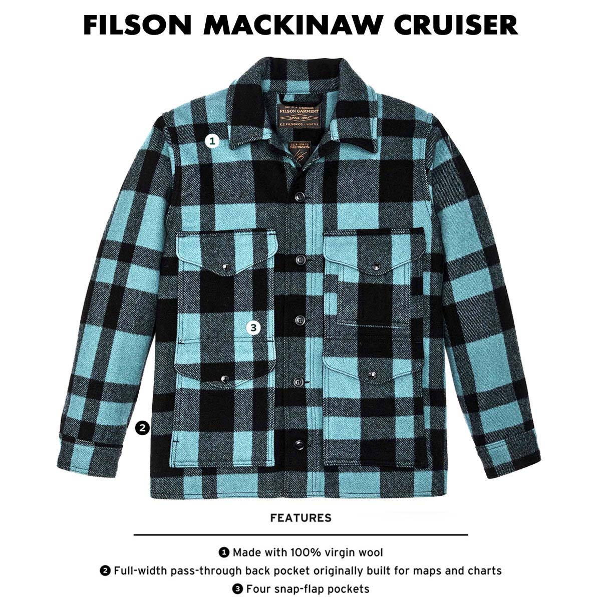 Filson Mackinaw Wool Cruiser Jacket Faded Blue/Black Heritage, features