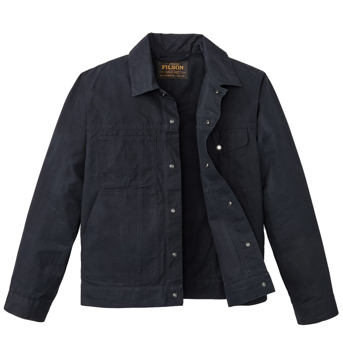 Filson Ranger Short Cruiser Navy, robuste hüftlange Jacke aus leichter, waschbarer gewachster Baumwolle für wärmere Wetterbedingungen