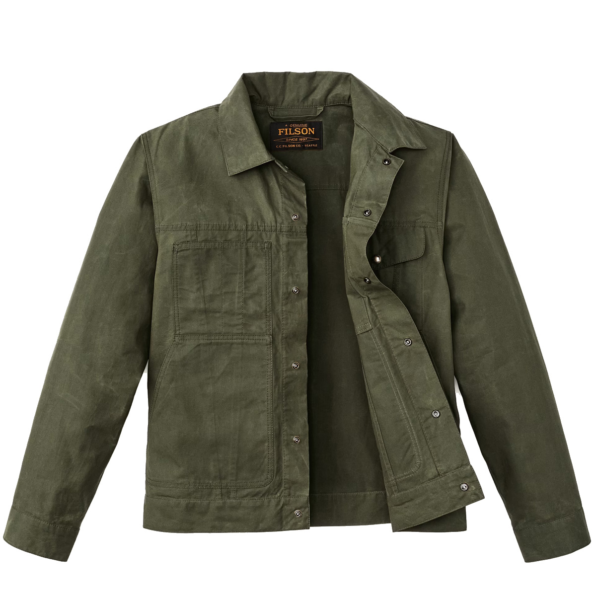 Filson Ranger Short Cruiser Olive, robuste hüftlange Jacke aus leichter, waschbarer gewachster Baumwolle für wärmere Wetterbedingungen