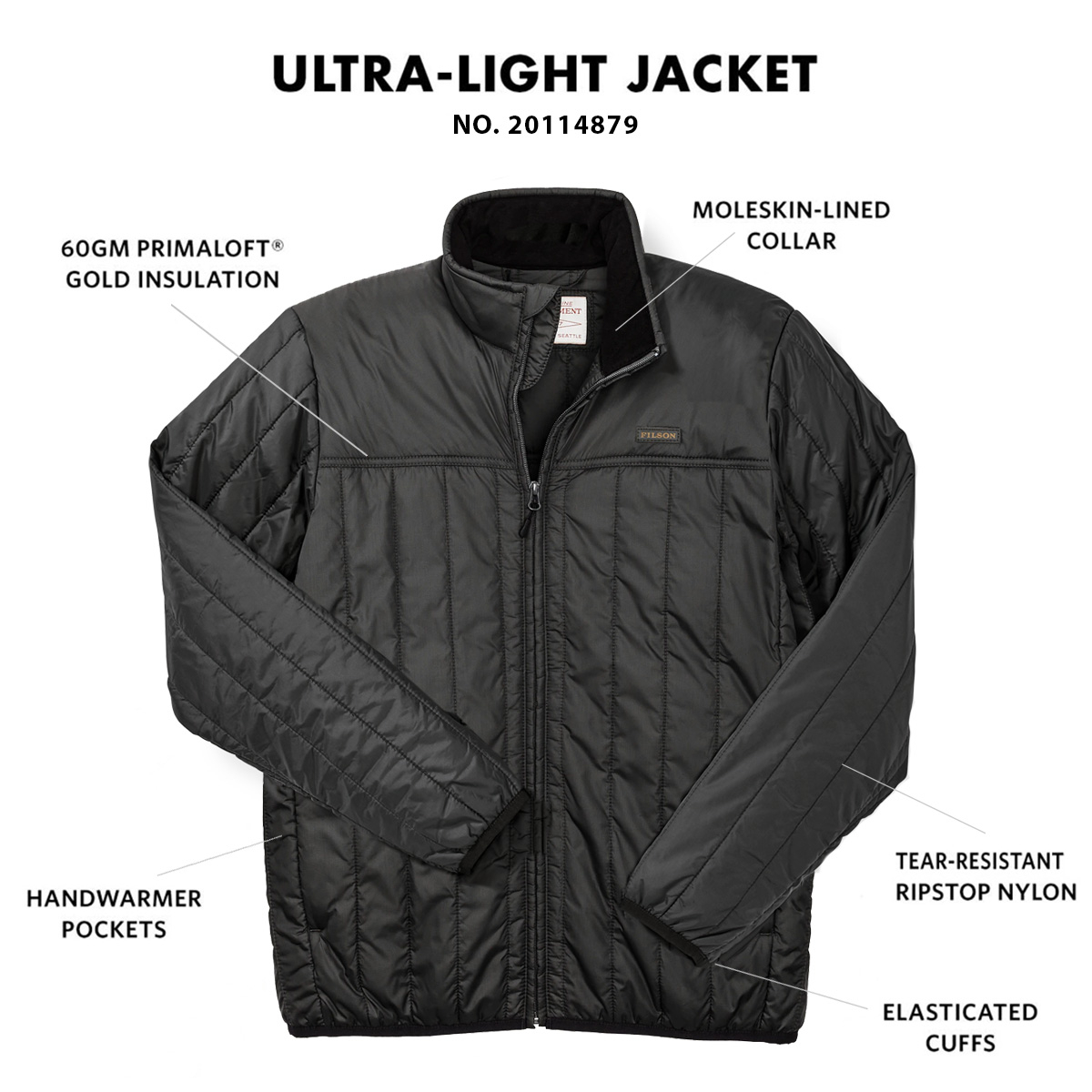 Filson Ultralight Jacket Raven, Ultraleichte PrimaLoft® Gold 60g Jacke mit außergewöhnlichem Wärme-Gewichtsverhältnis