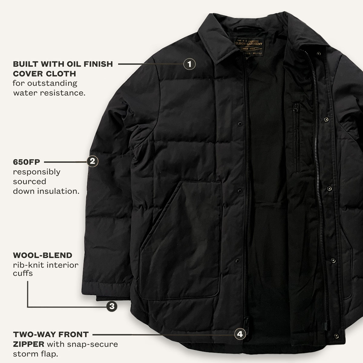 Filson Waxed Down Barn Coat Black Onyx, features