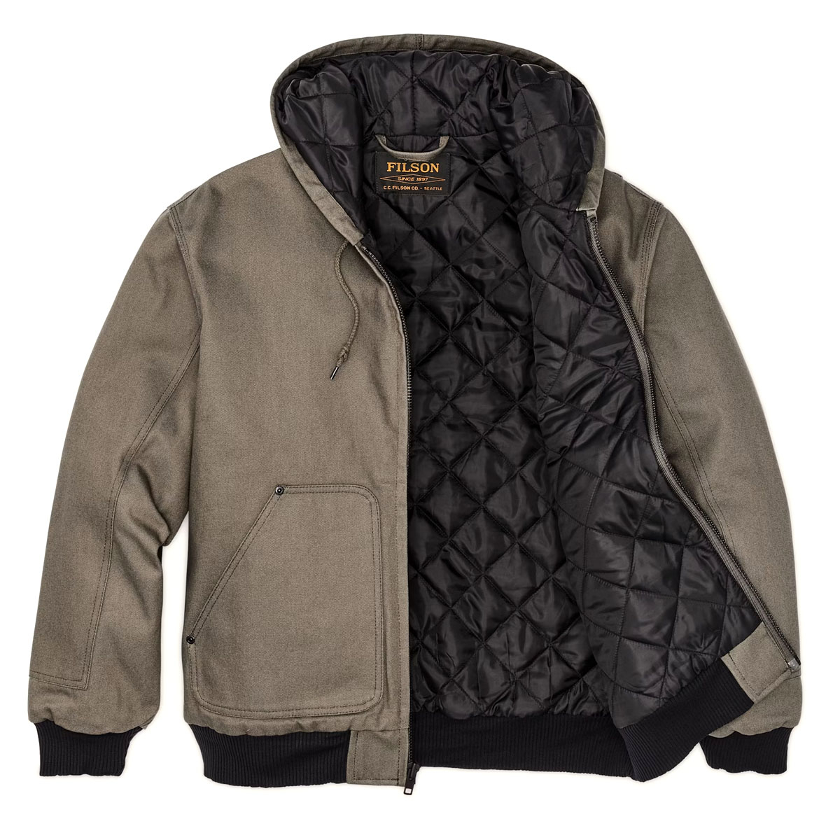 Filson Worksmith Insulated Bomber Jac Tarmac, eine robuste Kapuzenjacke aus strapazierfähigem Canvas und warmer Isolierung