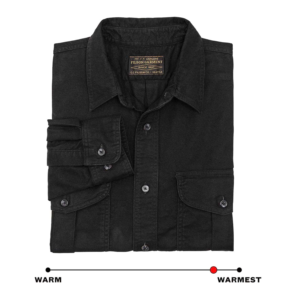 Filson Alaskan Guide Shirt Black, Dieses kultige, atmungsaktive Flanellhemd hat einen gefalteten Rücken für mehr Bewegungsfreiheit.