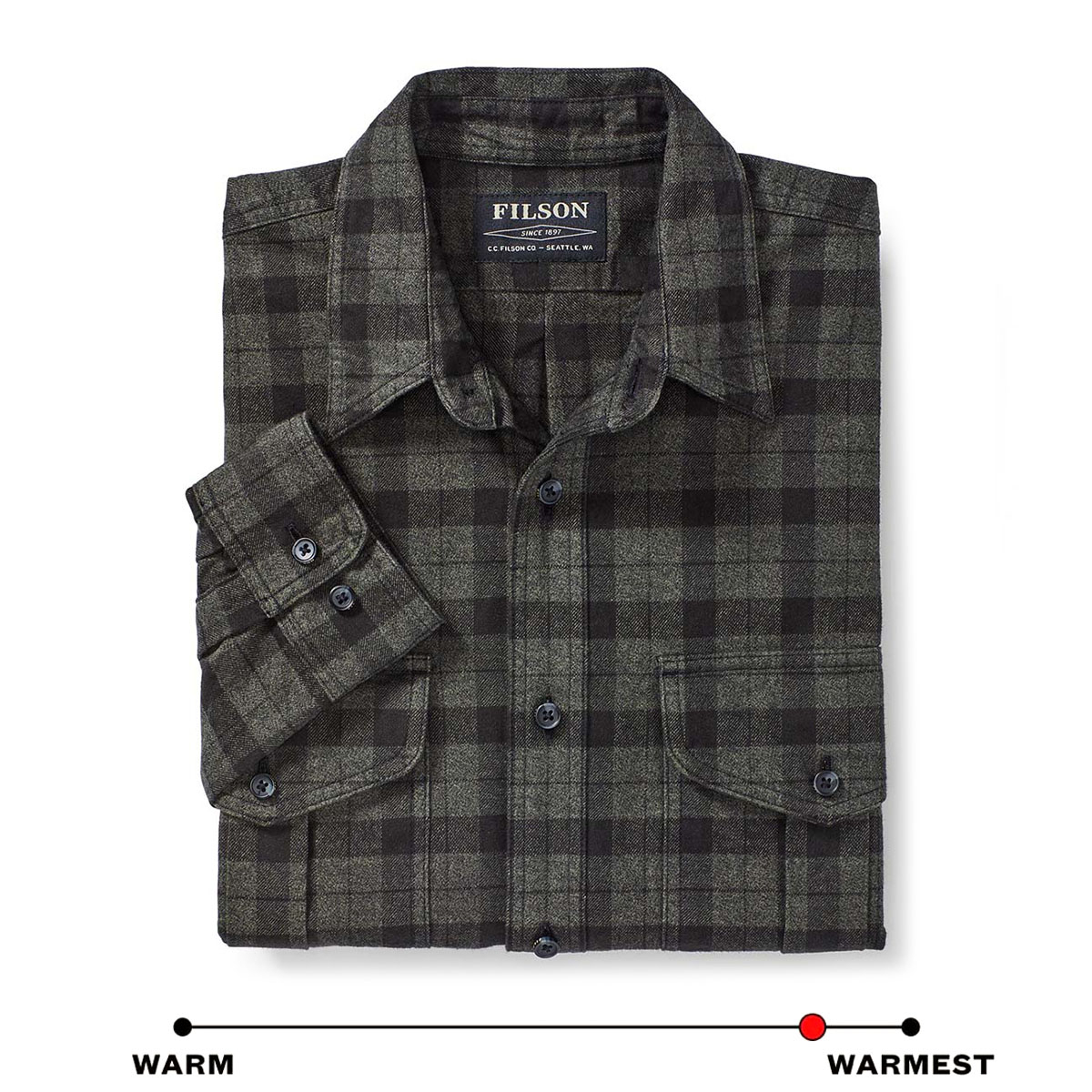 Filson Alaskan Guide Shirt Heather Gray/Black Plaid, Dieses kultige, atmungsaktive Flanellhemd hat einen gefalteten Rücken für mehr Bewegungsfreiheit.