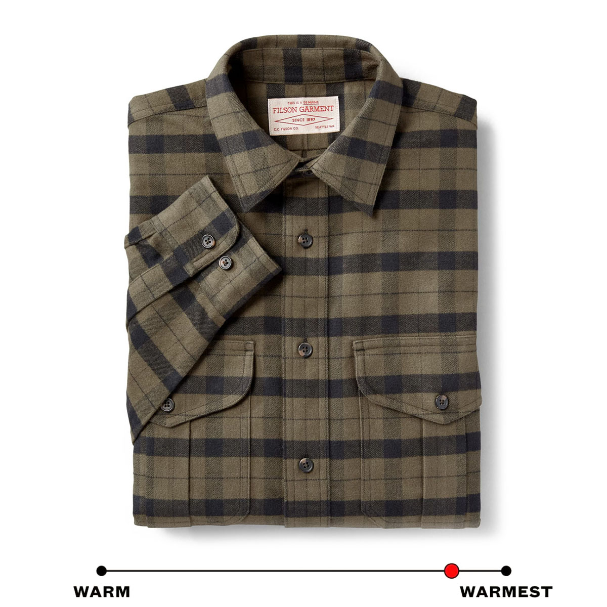 Filson Alaskan Guide Shirt Otter Green/Black Plaid, dieses kultige, atmungsaktive Flanellhemd hat einen gefalteten Rücken für mehr Bewegungsfreiheit