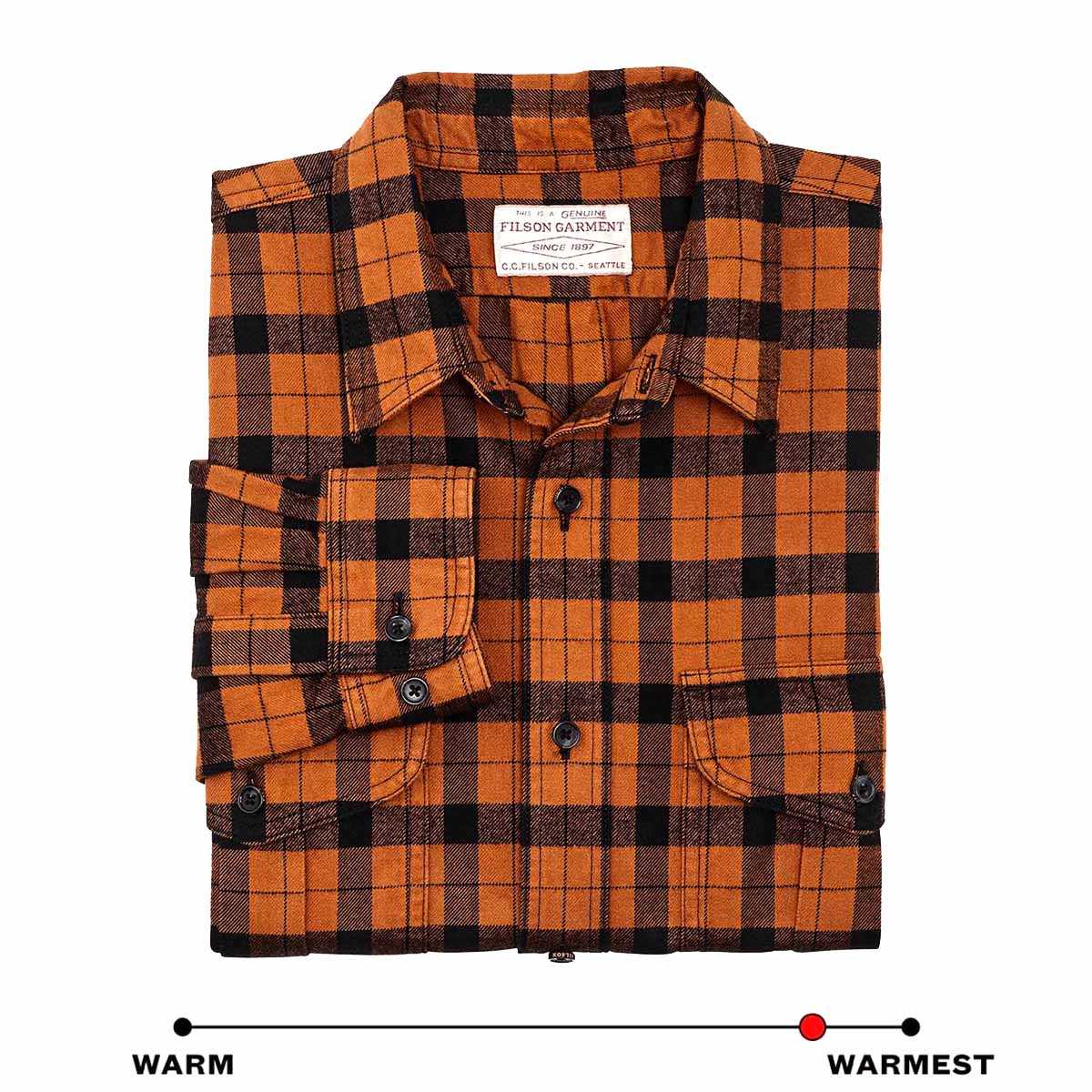 Filson Alaskan Guide Shirt Pecan/Black Plaid, Dieses kultige, atmungsaktive Flanellhemd hat einen gefalteten Rücken für mehr Bewegungsfreiheit.