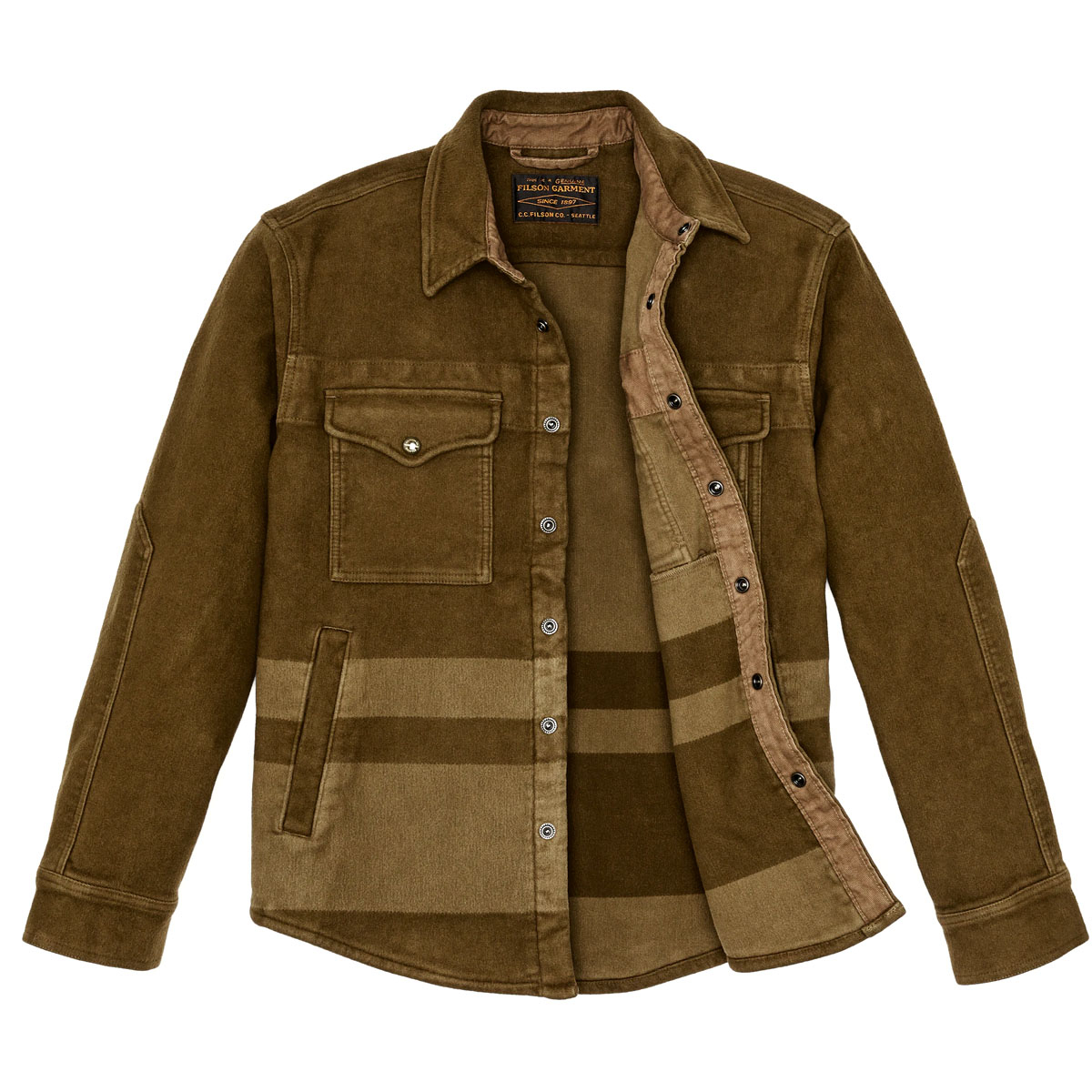 Filson Beartooth Jac-Shirt Marsh Olive Blanket Stripe, ein warmes und bequemes 3-Jahreszeiten-Überhemd