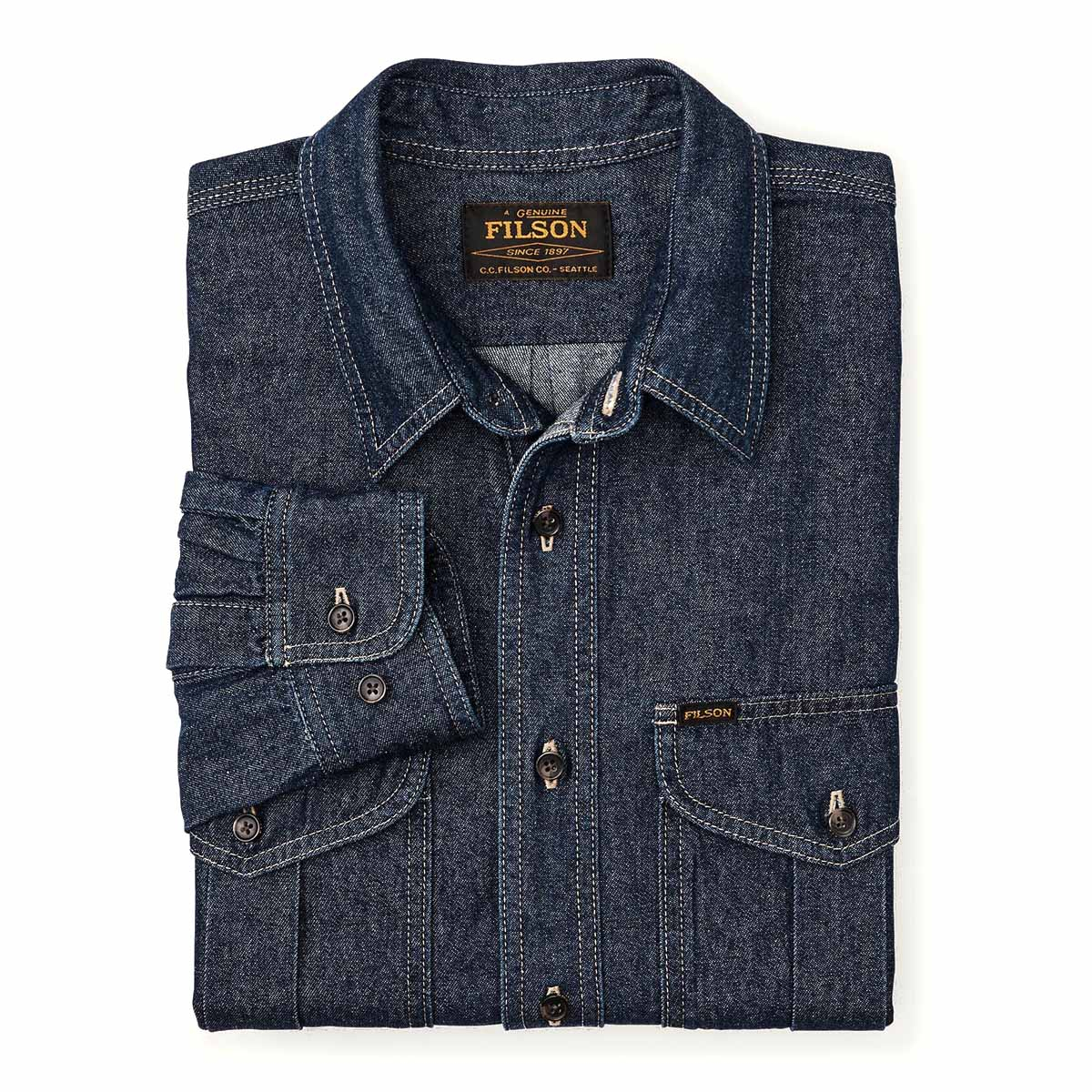 Filson Denim Guide Shirt Rinse Indigo, robustes und einsatzbereites Denim-Hemd