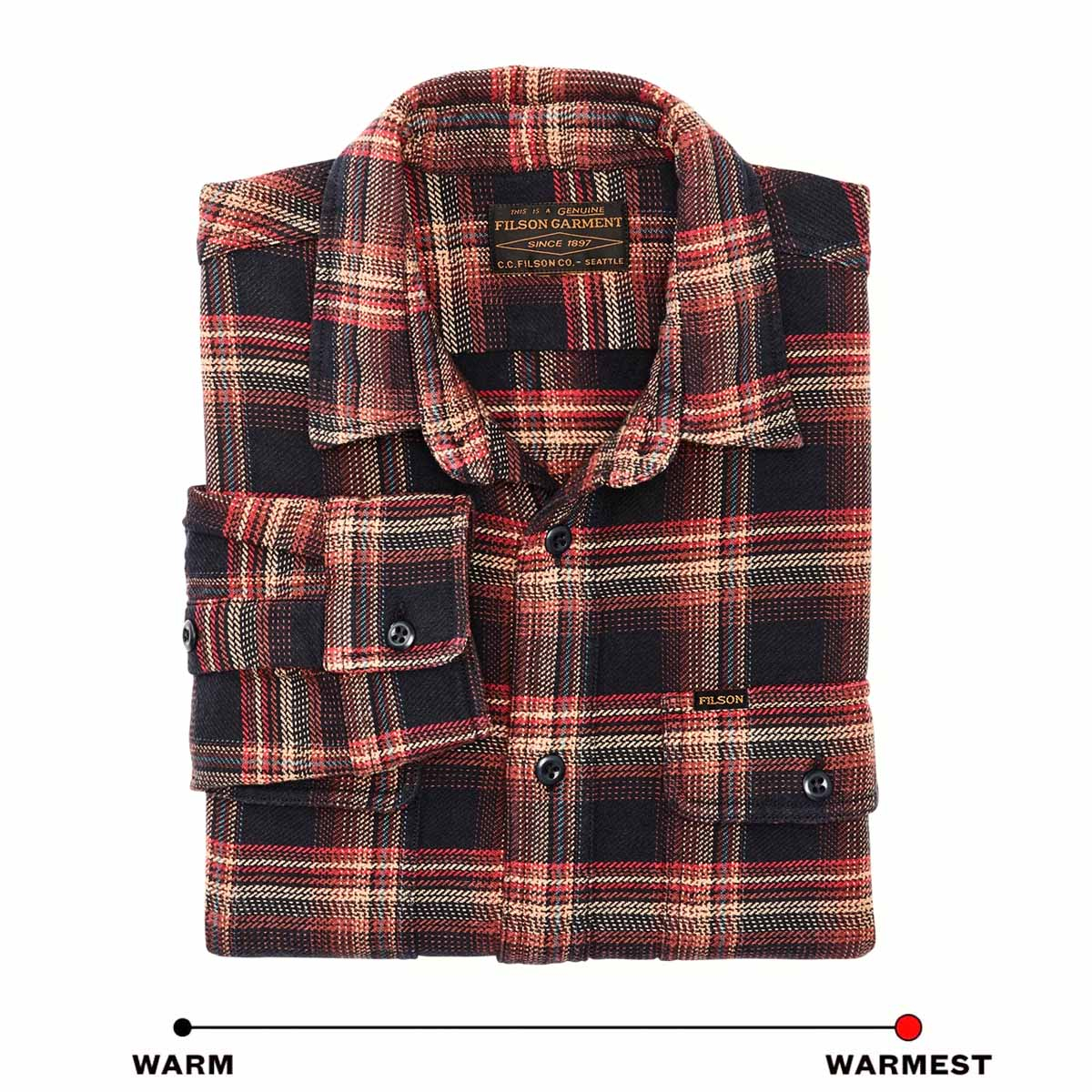 Filson Vintage Flannel Work Shirt Black/Rust/Multi Plaid, warmes Hemd mit Knopfleiste aus Baumwolle mit weiche Innenseite aus gebürstetem Twill