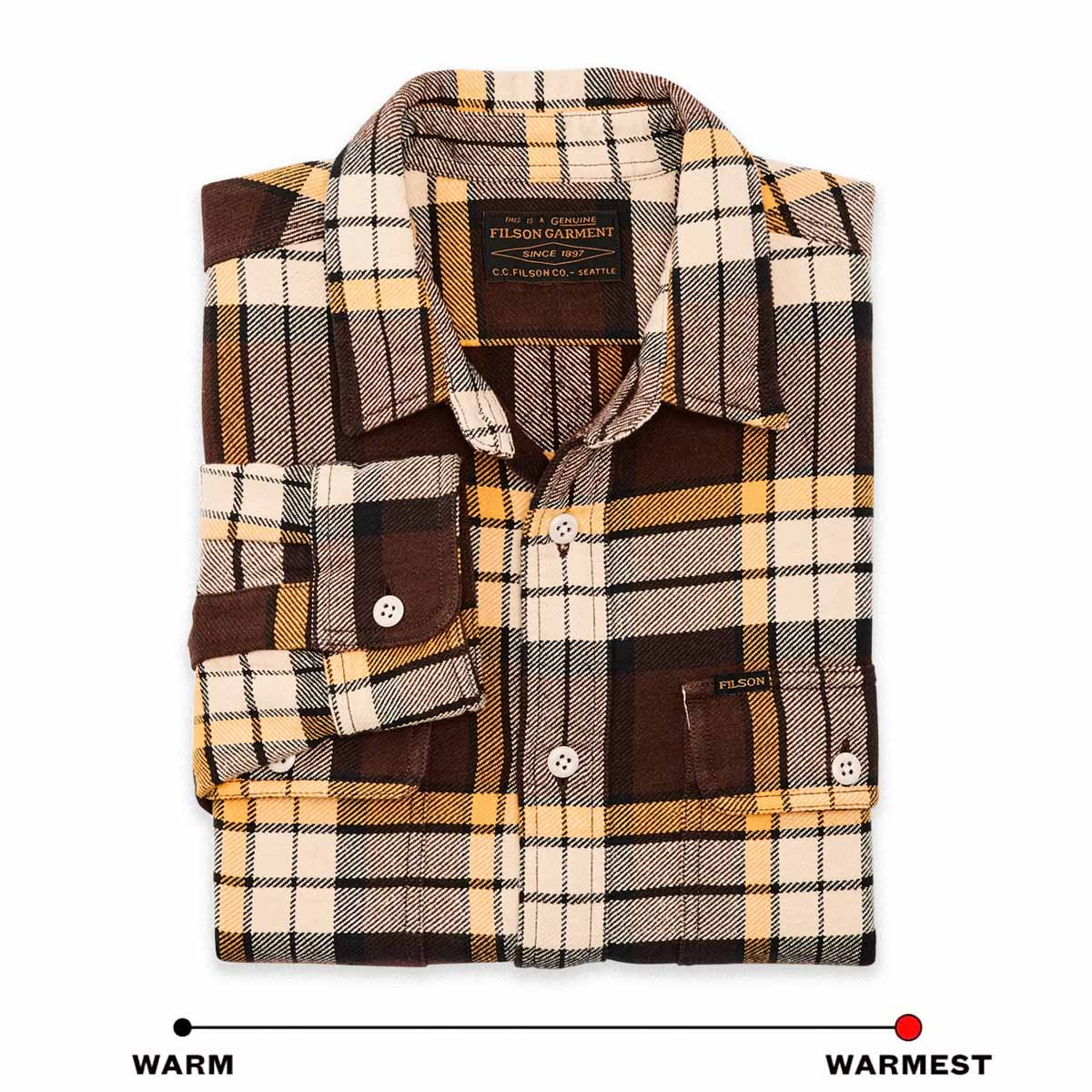 Filson Vintage Flannel Work Shirt Brown/Yellow/Multi Plaid, warmes Hemd mit Knopfleiste aus Baumwolle mit weiche Innenseite aus gebürstetem Twill