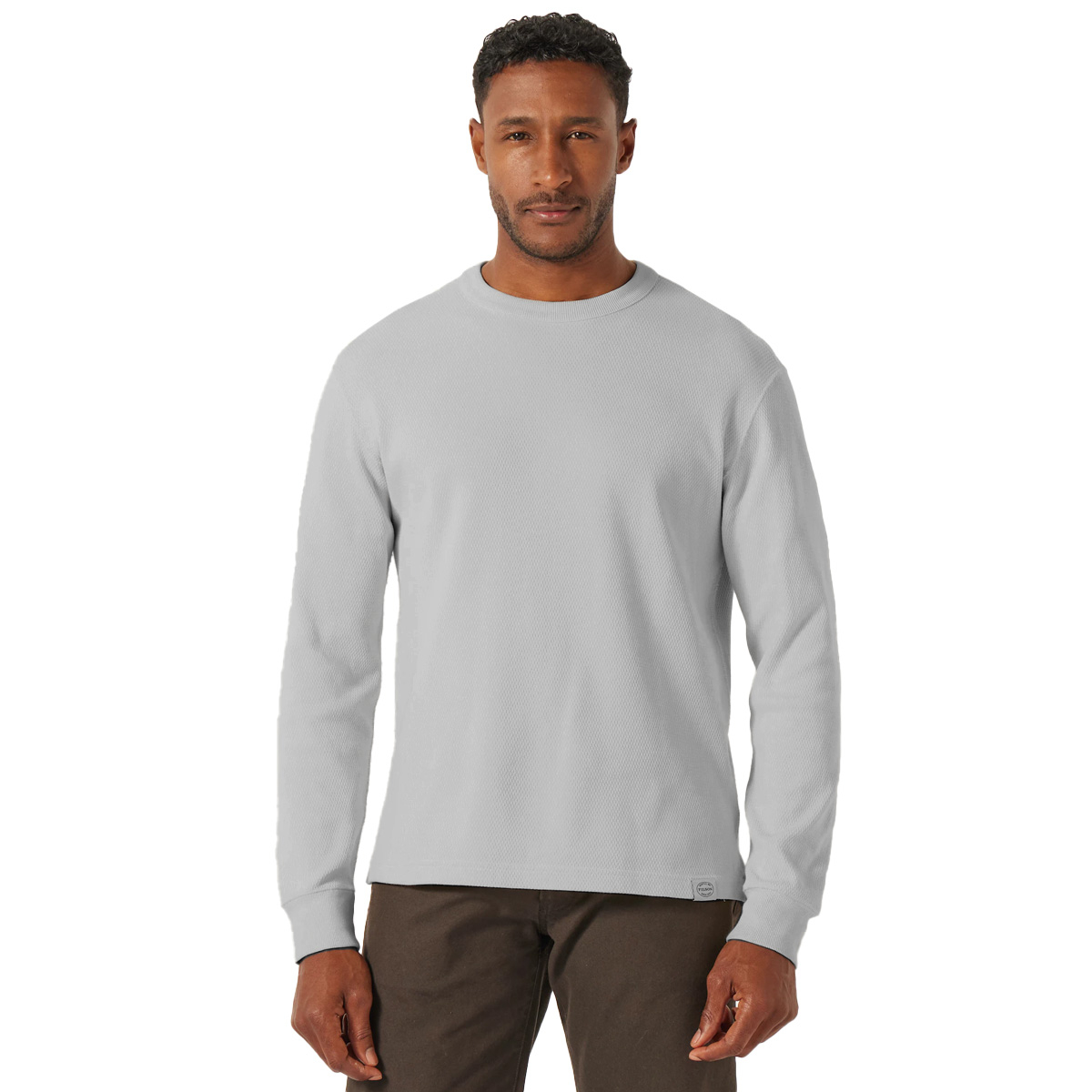 Filson Waffle Knit Thermal Crew Light Heather Gray, Am Modell für die Größe gestylt