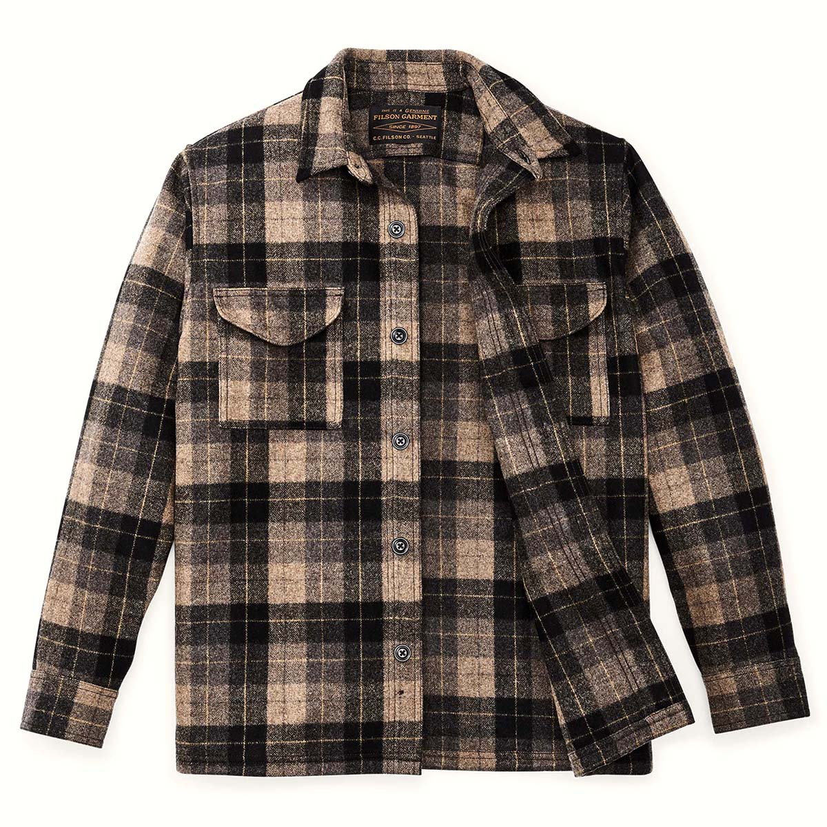 Filson Wool Jac-Shirt Oat/Brown/Heather/Multi Plaid, mit klappenbesetzten Brusttaschen mit verdeckten Knöpfen und geradem Saum für ein offenes Outfit