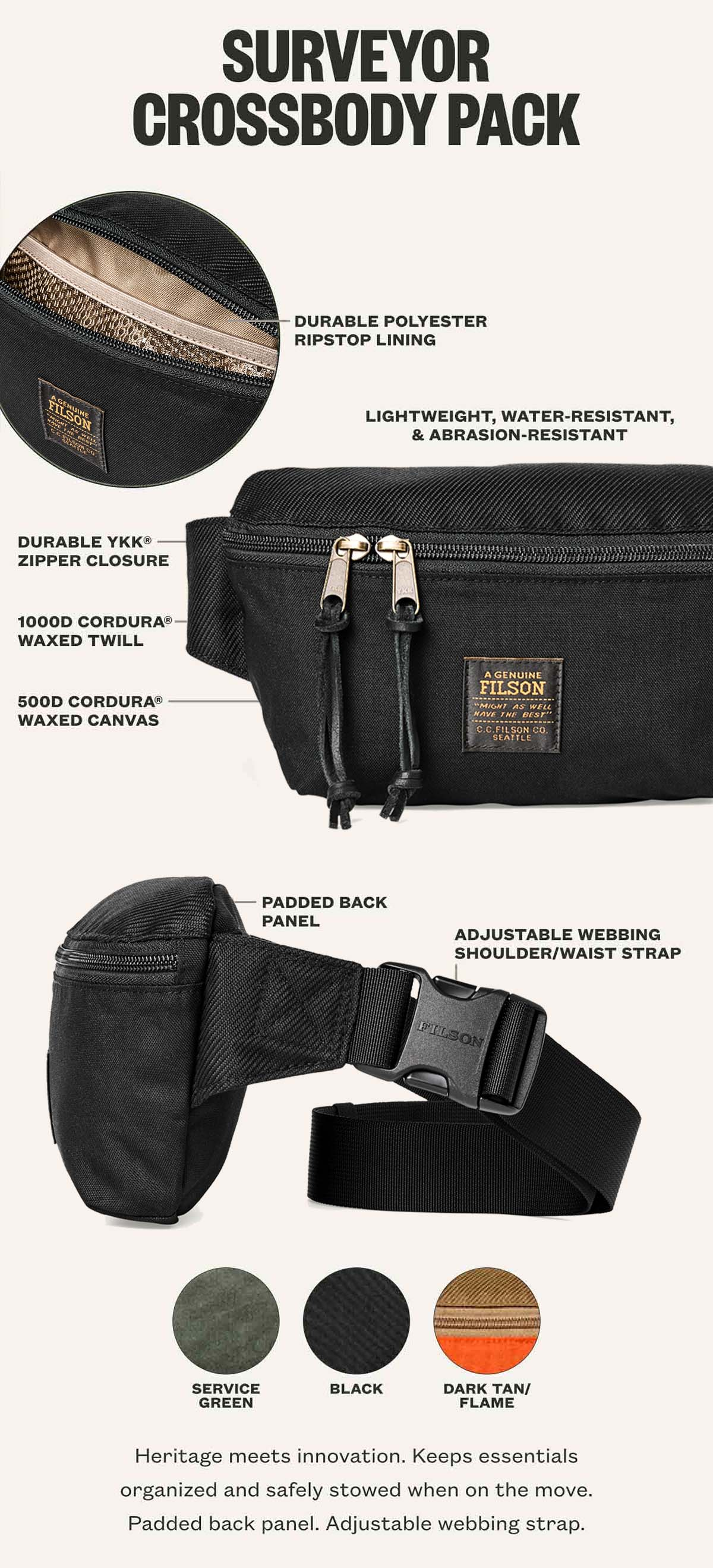 Filson Surveyor Crossbody Pack Black, Außentasche auf der Rückseite, gesichert mit einem starken YKK® Reißverschluss