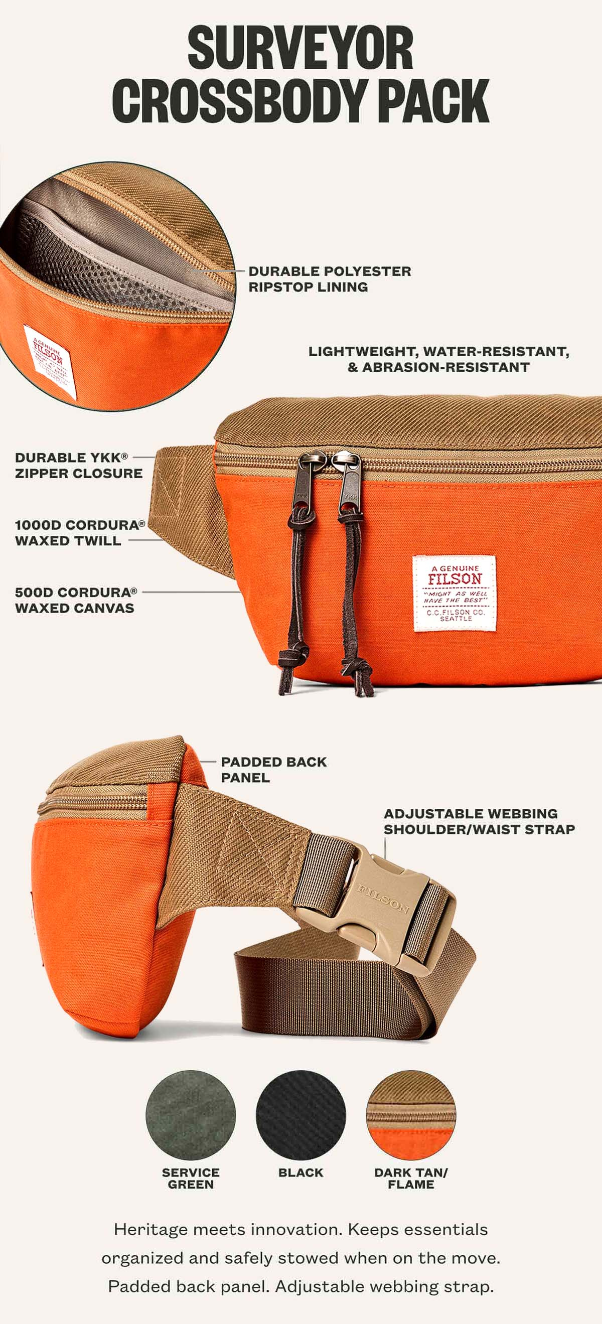 Filson Surveyor Crossbody Pack Dark Tan/Flame, Außentasche auf der Rückseite, gesichert mit einem starken YKK® Reißverschluss