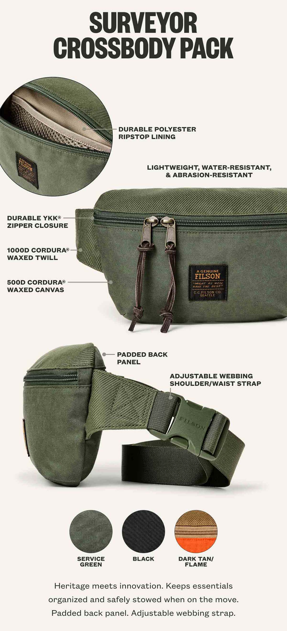 Filson Surveyor Crossbody Pack Service Green, Außentasche auf der Rückseite, gesichert mit einem starken YKK® Reißverschluss