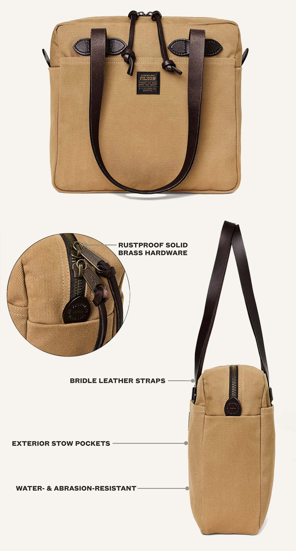 Filson Rugged Twill Small Zipper Tote Bag Tan ist super robust und ideal für Gegenstände, die man unterwegs gerne dabei hat